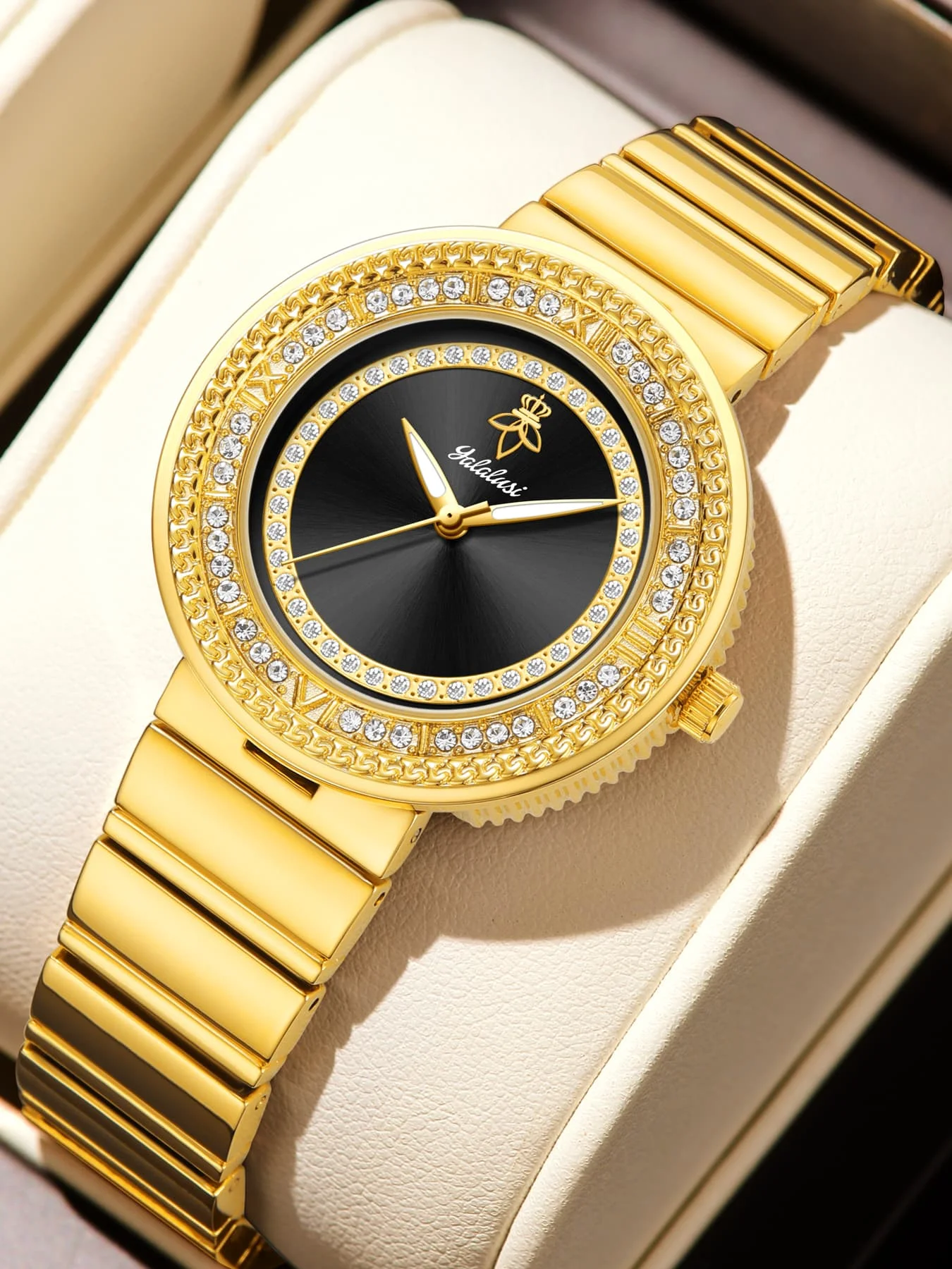 YaLaLuSi Stylish and Elegant Ladies Formal Watch with Rhinestones, Round Dial and Metal Strap Reloj