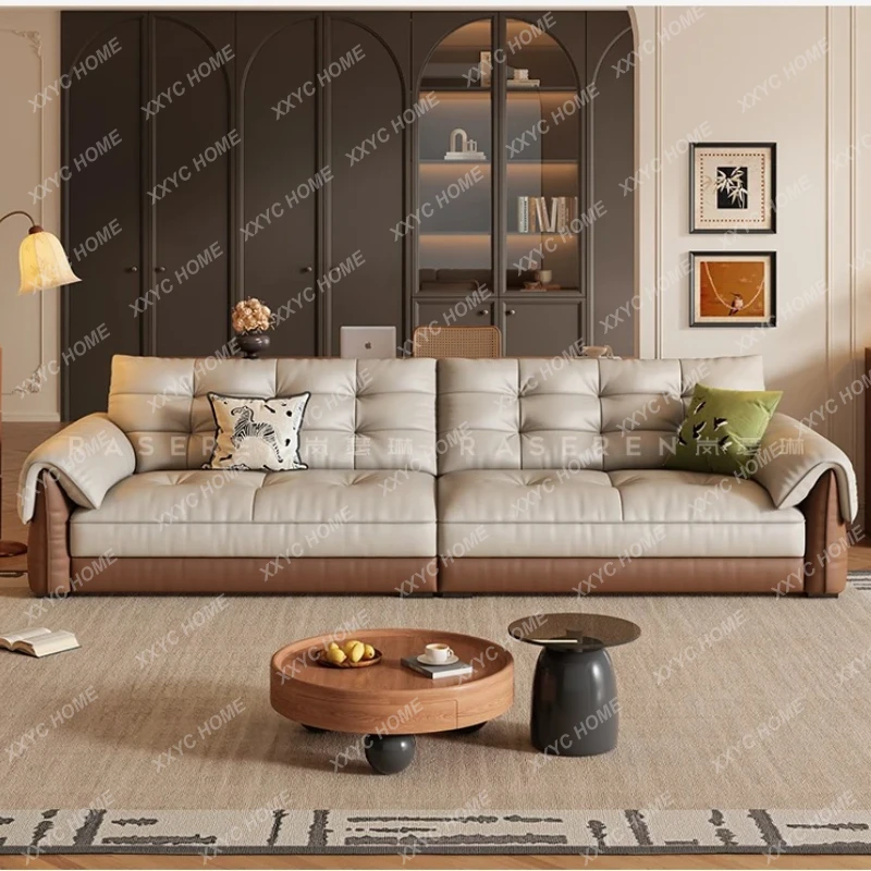 

LThe first layer of cowhide, sofa retro high-end small apartment living room, straight row wide sitting deep