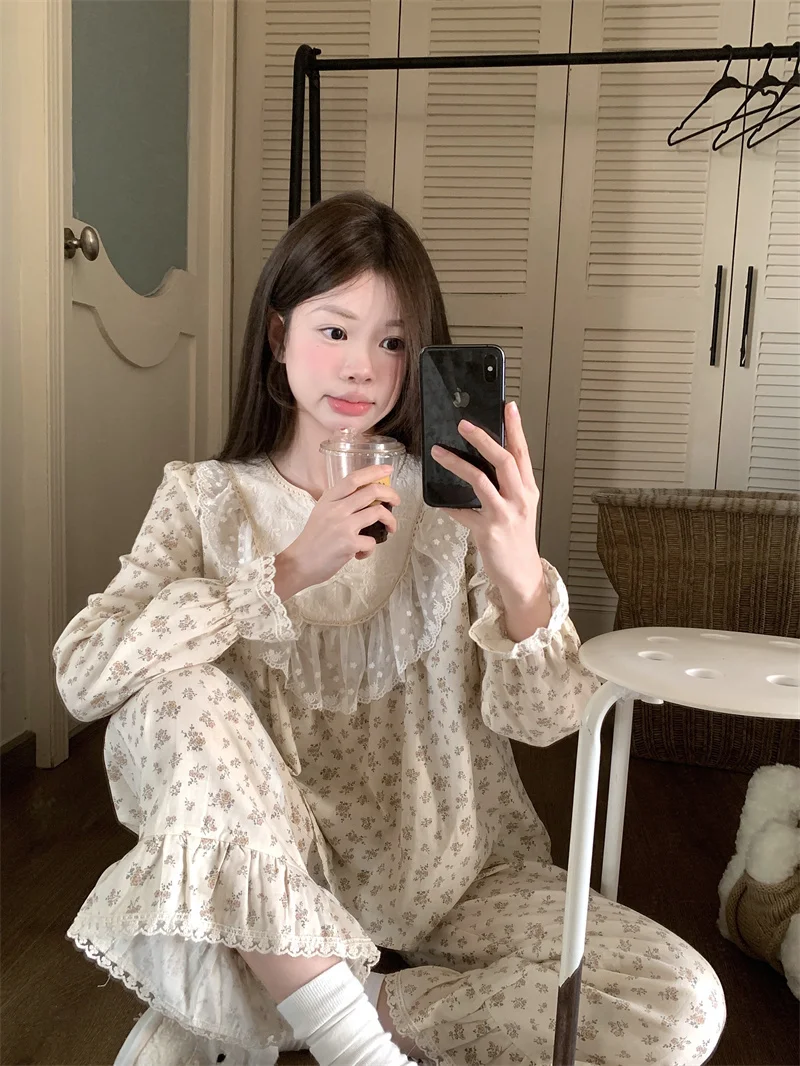 Palace Style Pure Cotton Pajamas for Women Autumn Double Layer Gauze Round Neck Floral Long Sleeve Lace Trim Princess Style Set