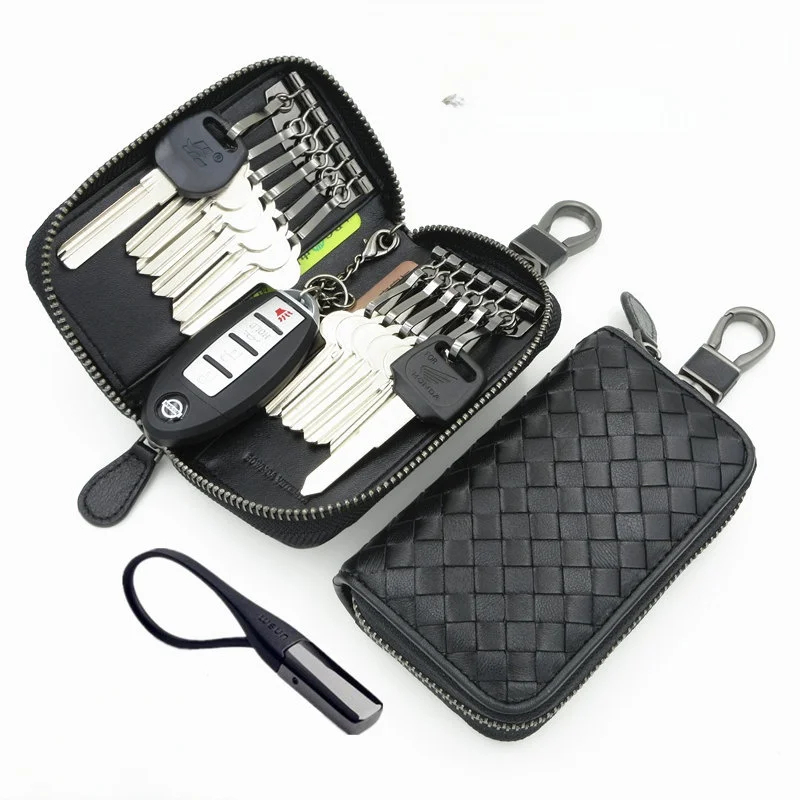 large-capacity-leather-key-holder-car-key-bag-card-wallet-buckle-hanging-clip-unisex-couple-bucket-shape-zipper-closure