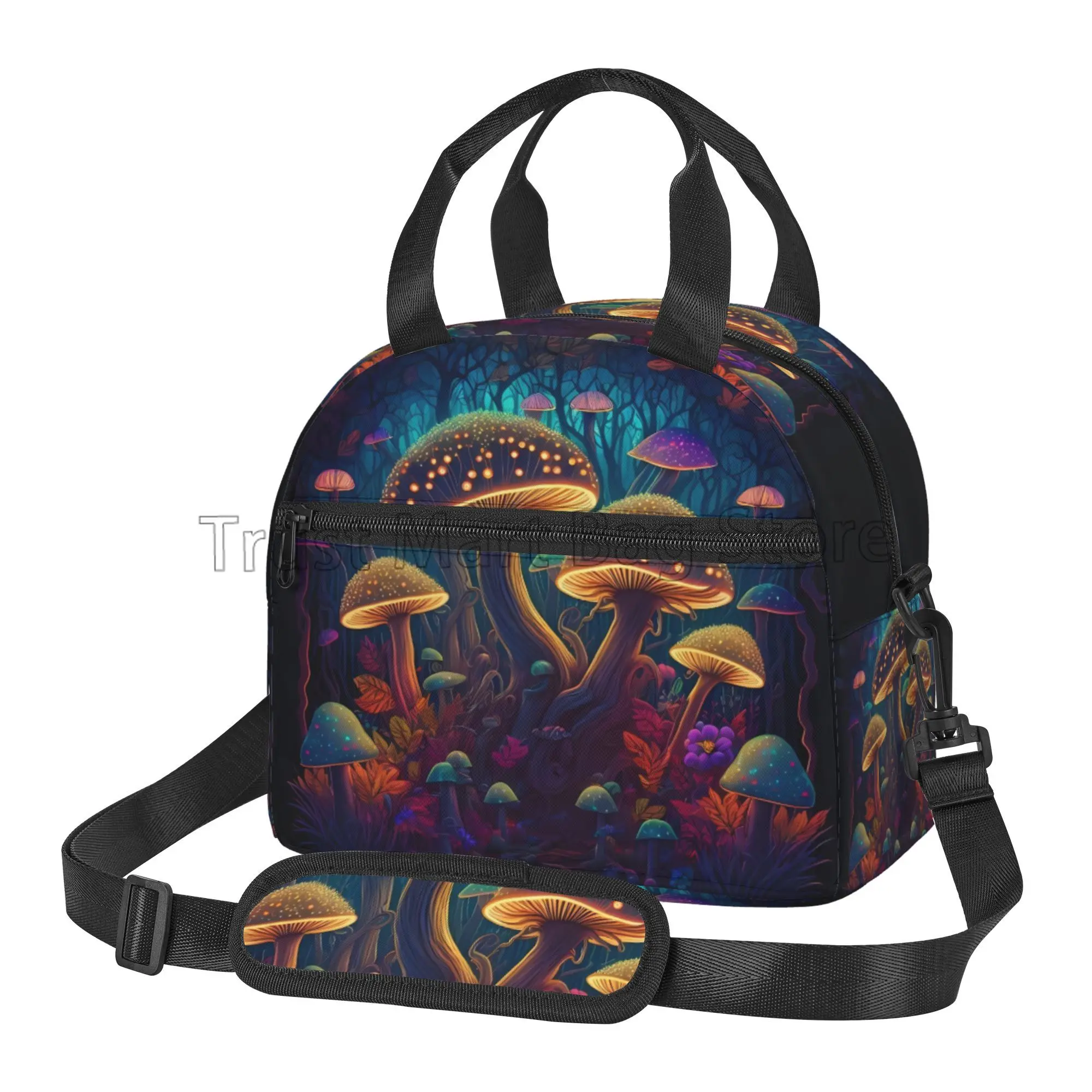 Forest Colorful Mushrooms Insulated Lunch Bag Reusable Waterproof Thermal Lunch Box with Shoulder Strap for Work Picnic Beach