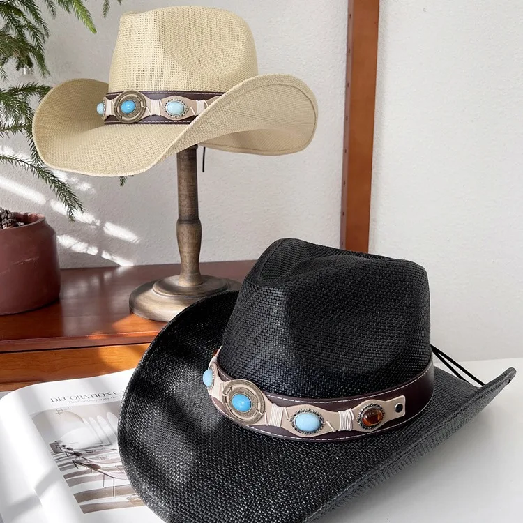 

Western Denim Style Straw Hat Women's Summer Big Brim Outdoor Mountaineering Sun Hat Ethnic Style Knight's Cap Men's Sun Hat