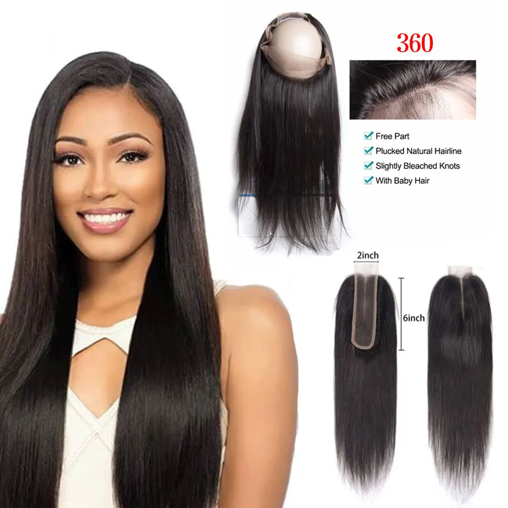 Black Straight 360 Closure 2x6 Human Hair Lace Closure For Women Hair Extensions Swiss Lace Hand Tied Closure 10 inch to 26 inch