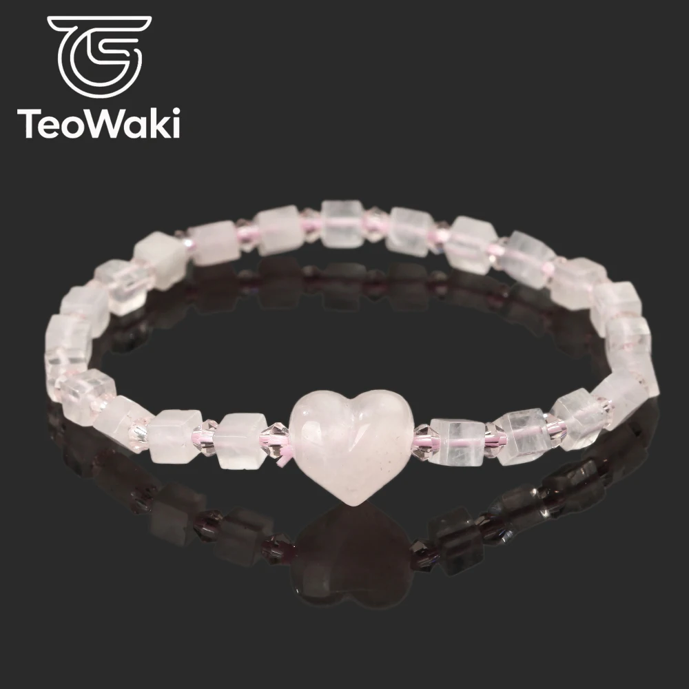 TeoWaki Square Rose Quartz Elastic Bracelet Bead Minimal Fresh White Stone Peach-shaped Ornament Stackable Jewelry Best Gift18cm