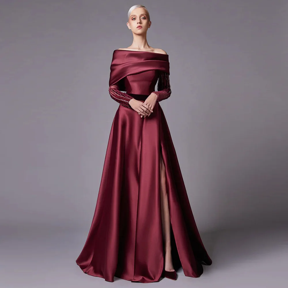 Robe de bal bordeaux Sexy, personnalisée, col bateau, perles, manches longues, fente haute, ligne A, robe de soirée en Satin, robes de soirée