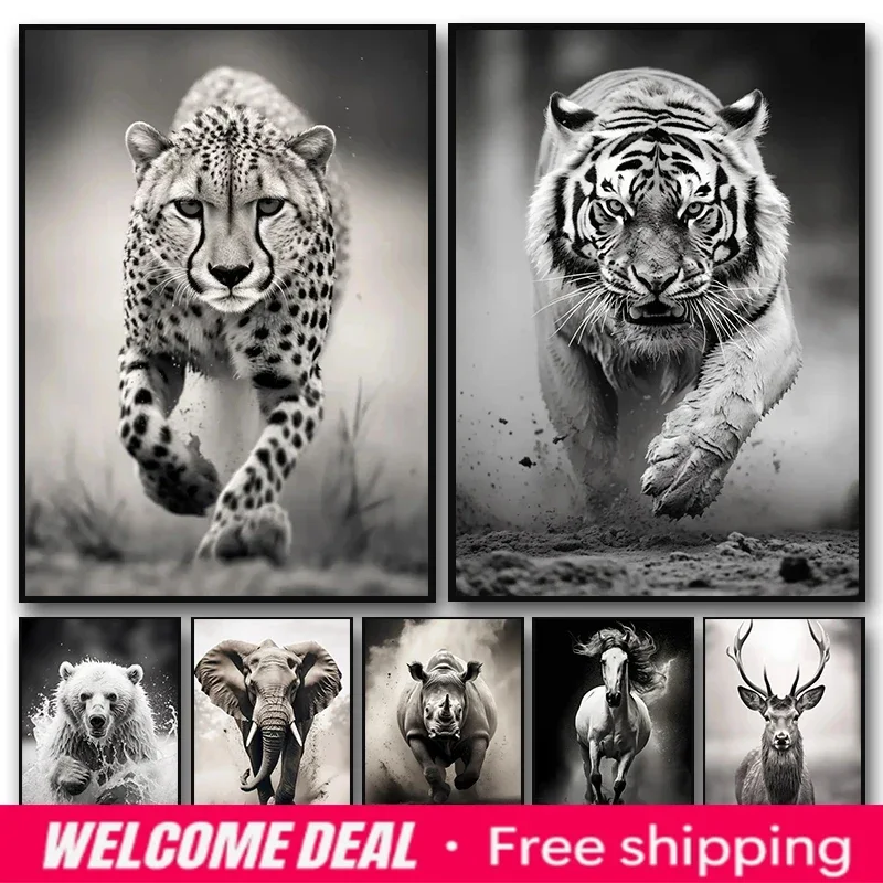 2026  Black and White Tiger Elephant Deer Cheetah Bull Horse Poster Animal Canvas Painting Prints Wall Art Room Home Decor Fr