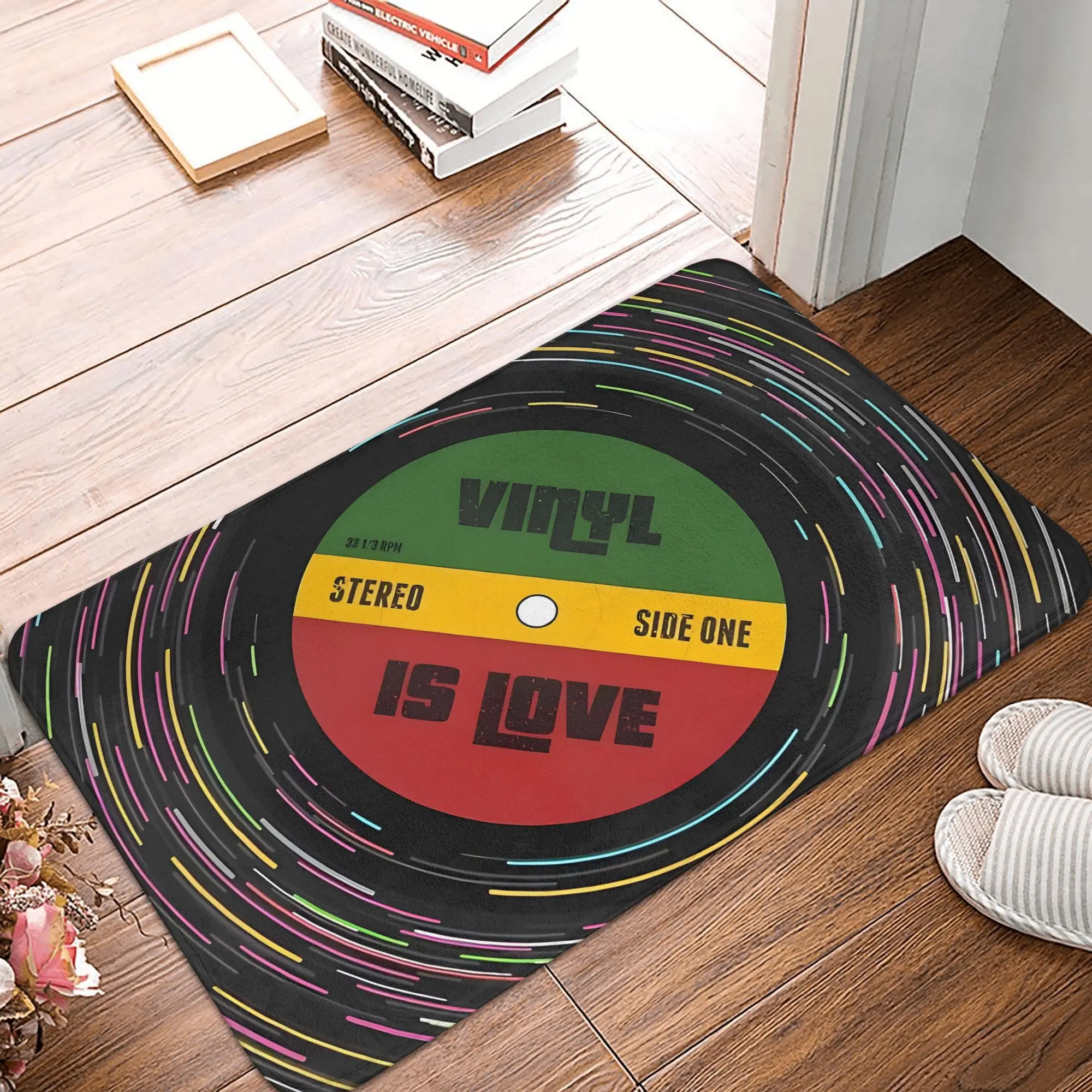 Vinyl Record Print Doormat Black Multicolor Printed Polyester Machine Washable Cold Water Only 80x50cm