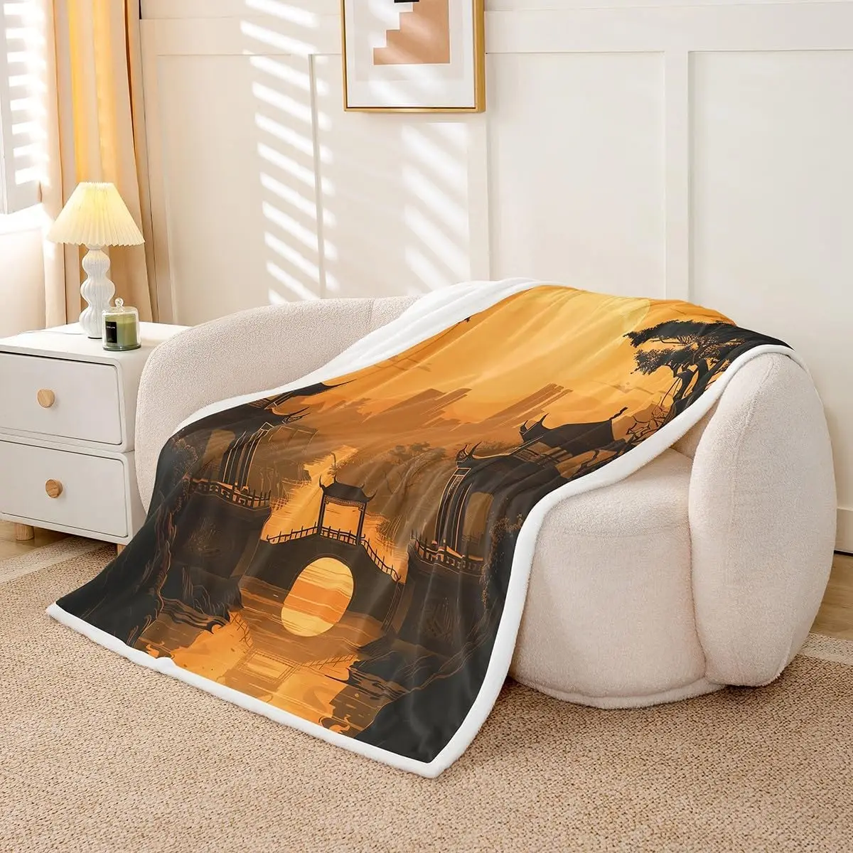 moon landscape blanket traditional pavilion design golden sunset soft throw oriental art bedroom decor wall hanging home textile