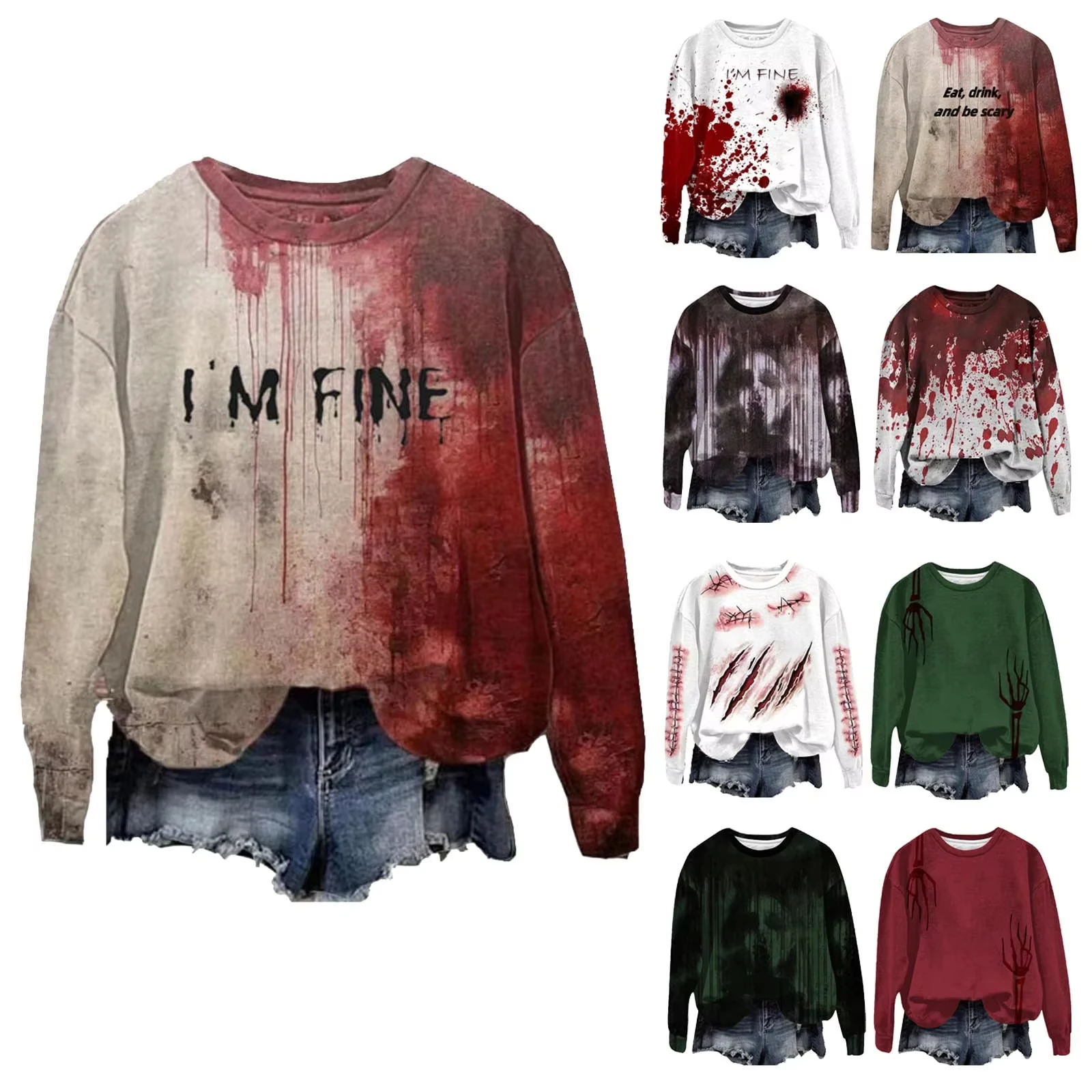 

Halloween Printing Women's Sweatshirt Autumn Long Sleeve Round Neck Pullover Tops Halloween-Themed Party Casual Women Clothing