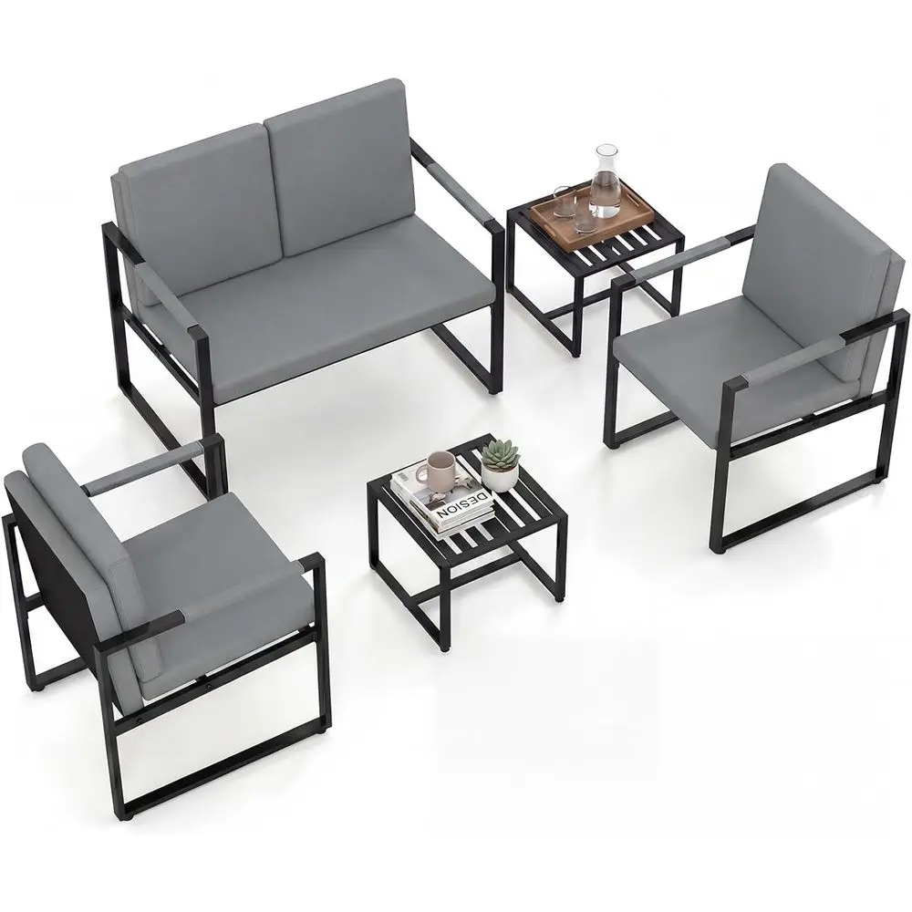 

5-Piece Modern Living Room Sofa Set: Loveseat, Sofa, 2 Accent Chairs, 2 Coffee Tables in Grey with Metal Frame