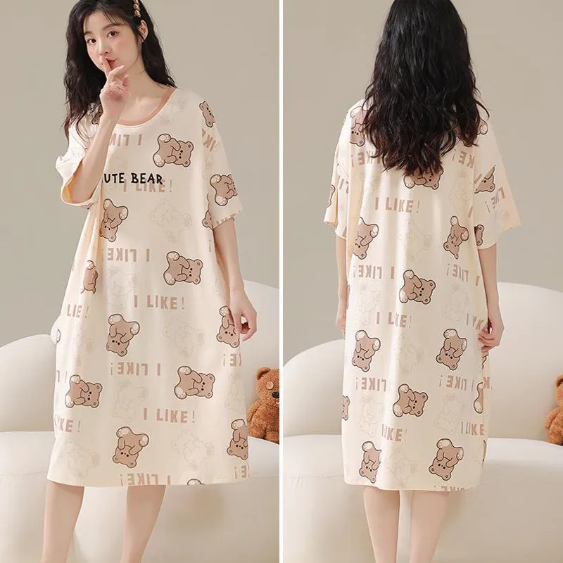 Women\'s Nightgown Korean Version Girls Homewear Sweet Wind Cute Cartoon Thin Section Loose Pajamas Kawaii Cute Breathable Casual