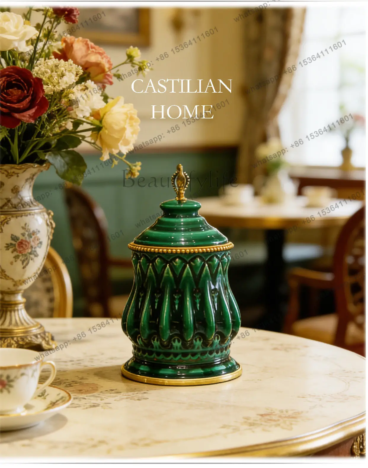Vintage luxury emerald ceramic storage tank porch tea room decorative tank ornament C5996