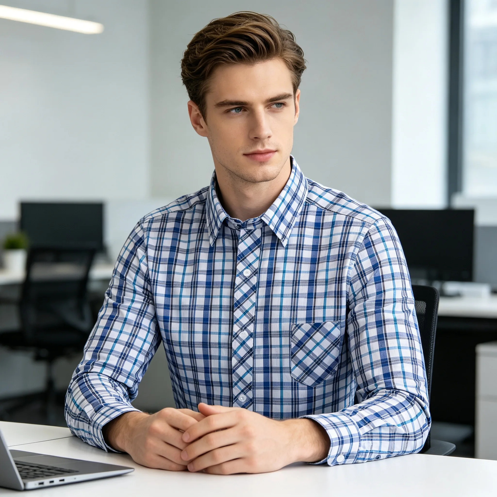 2026 Spring Summer 100% Pure Cotton Man' Shirt Long  Sleeve Plaid Cool Checkered Shirts Men Business Casual with Pocket Leisure