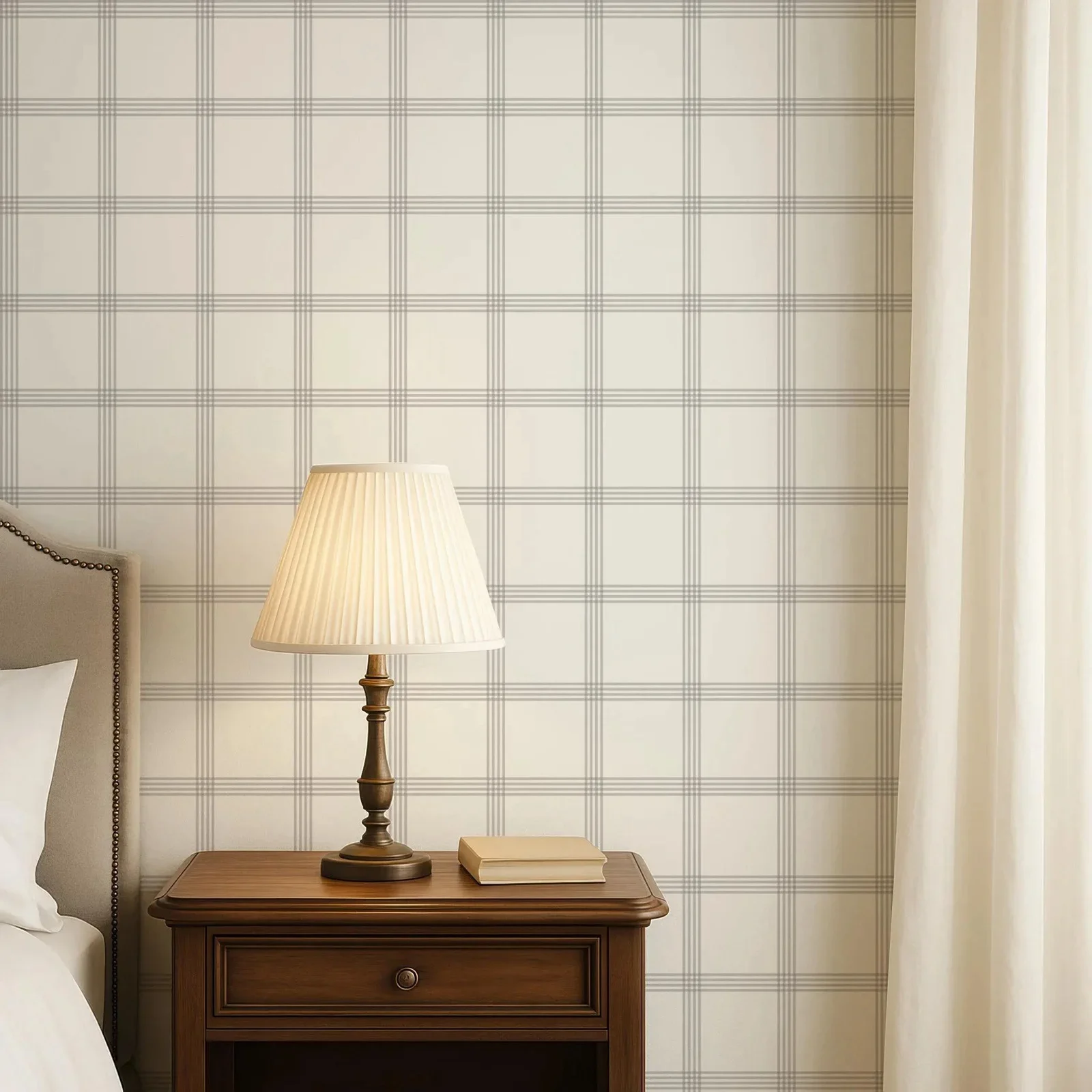 Minimal Grid Line Regular Wallpaper In Gray and White.Or Classical Gingham Self Adhesive Wall Cover, Modern Plaid Wall Paper