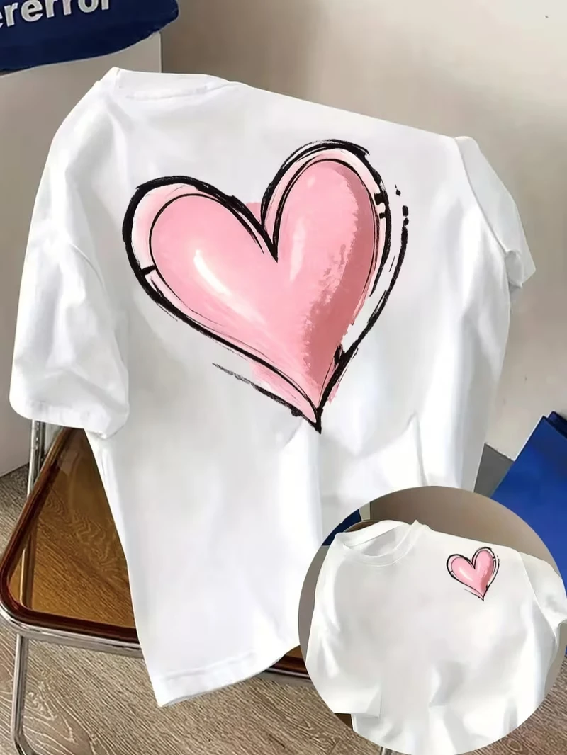 Brush Stroke Heart Print T-shirt Hand-painted Style Graphic Short Sleeve Tops Women Casual Streetwear Daily Wear Couple Tee