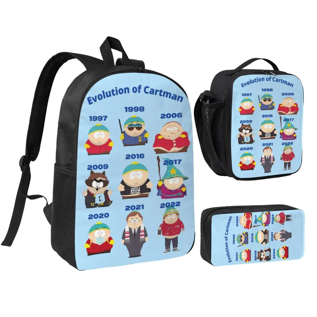 

SouthsPark Evolution Of Cartman 3pecs/set Рюкзак для мальчиков и девочек Школьные холщовые сумки Сумка для обеда Пенал