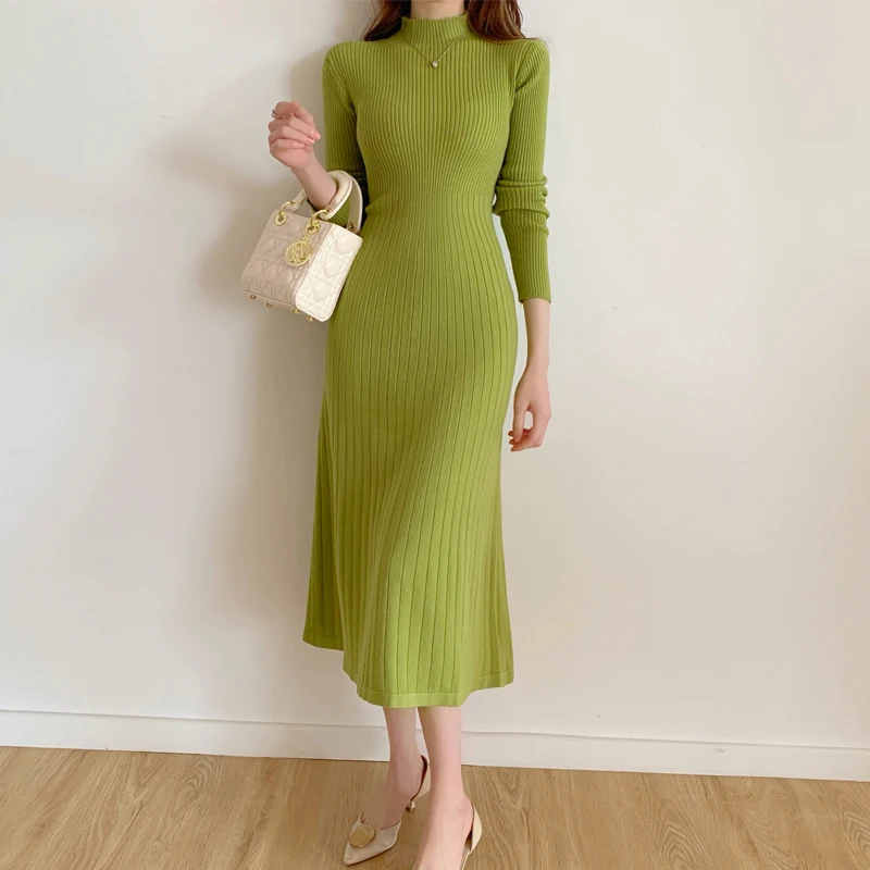 Autumn Winter 2024 Slim Long Sleeve Party Midi Dress for Women Knitted Half High Collar Elegant Knitted Sweater Dresses Ladies