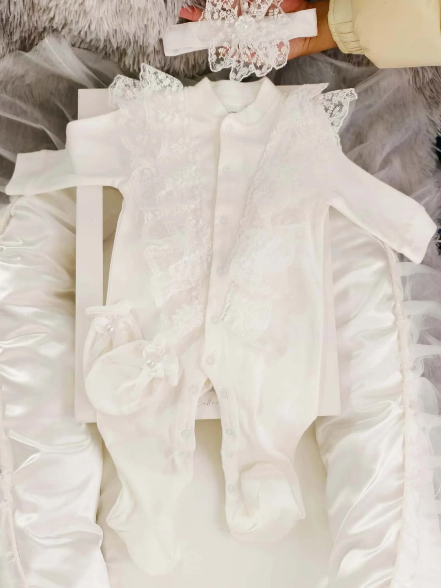 3PCS Baby Girl White Lace Footed Onesie Set Elegant Vintage Christening Romper Newborn Baptism Outfit with Accessories