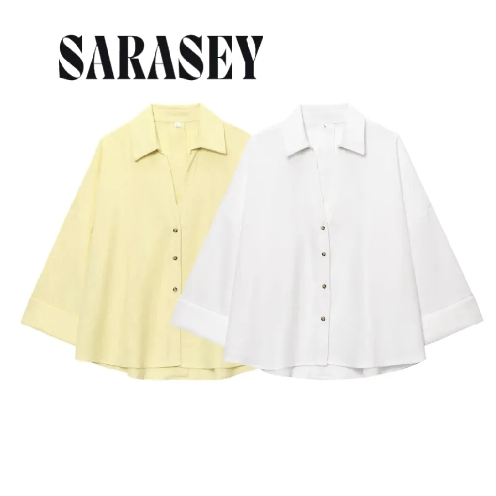 

2025 Fashion Chemise Strass Femme V Neck Retro Polyester Commuter Office Button Speaker Long Sleeve Shirt Blouse