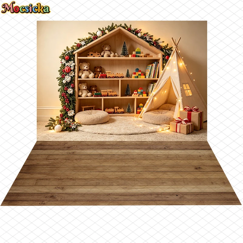 Mocsicka Weihnachts-Fotografie-Hintergrund Kinder Holzspielzeughaus Bücherregal Zelt Lichter Weihnachten Kinderporträt Fotostudio-Hintergründe