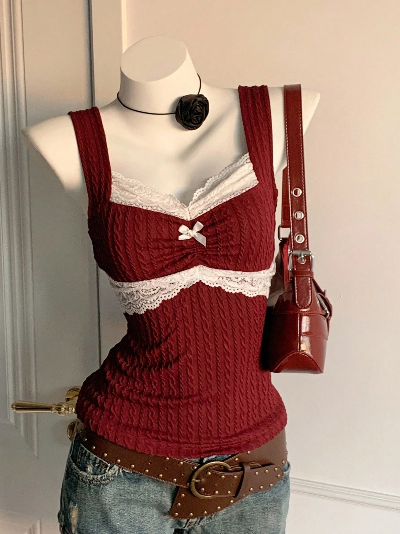 Y2K summer fashion new patchwork lace bow decoration pure desire vest, versatile top for wearing outside