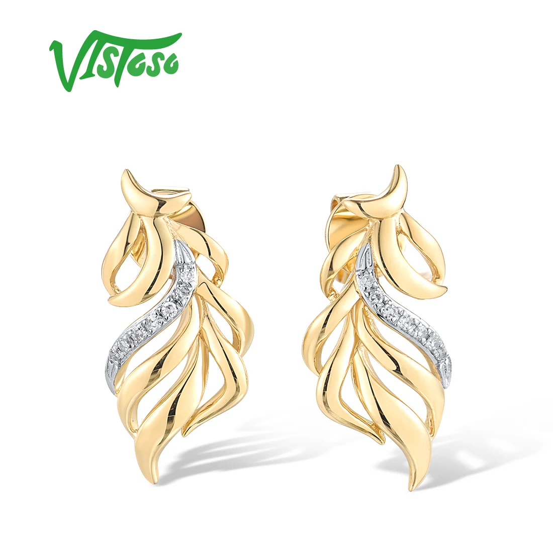 VISTOSO 14K 585 Yellow Gold Stud Earrings For Women Sparkling Diamond Elegant Leaf Wedding Gift Chic Fine Jewelry Set