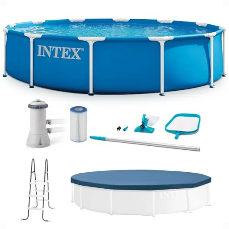 

Above ground swimming pool for backyard use, steel frame with blue vinyl, durable rust-resistant construction and easy setup