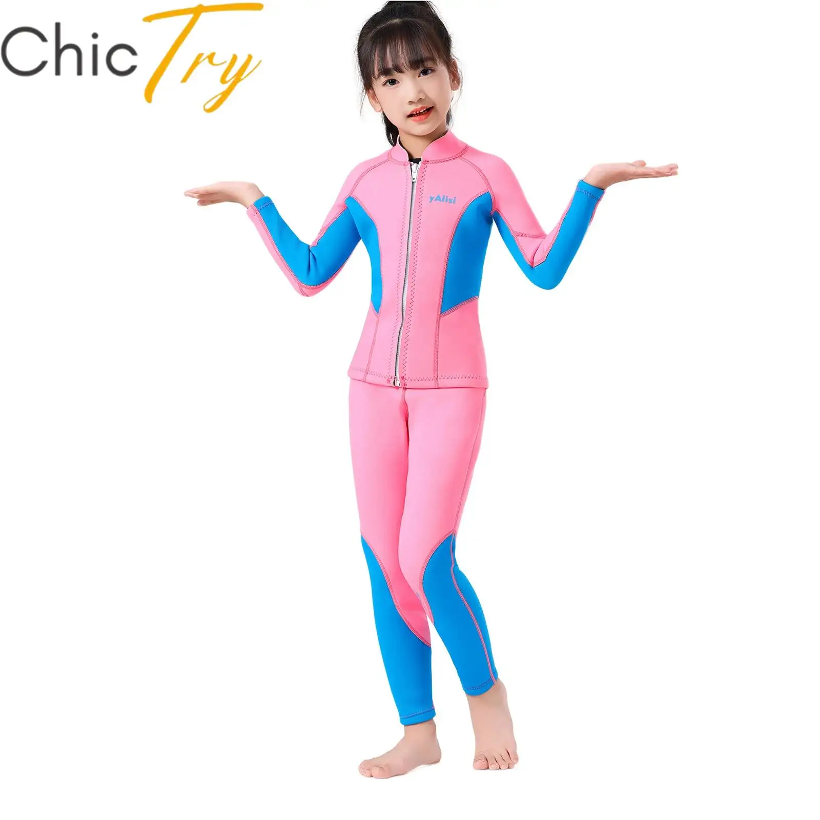 

Kids Girls Swim Sets 2.5mm Neoprene Thermal Long Sleeves Front Zipper 2Pcs Swimsuit Rash Guard Wet Suit Swimming Surfing Diving