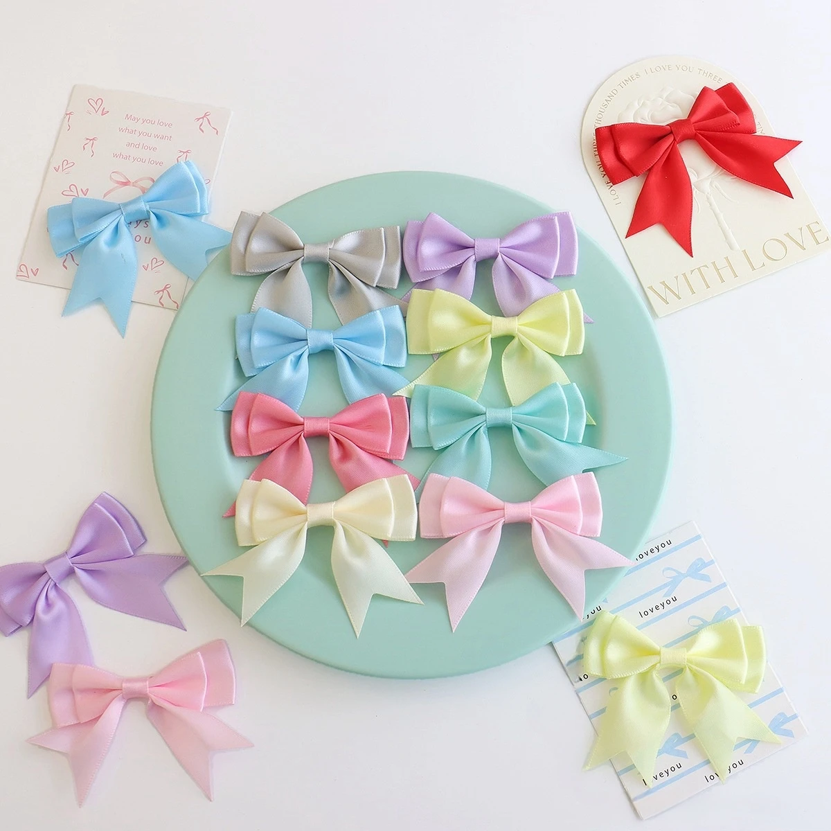 10 Stück/Set Satinband-Schleife Bunte Polyester-Doppelschicht-Schleife für DIY-Nähprojekte, Hochzeitsdekoration, Haarnadeln, Kleidungszubehör – Detail 5