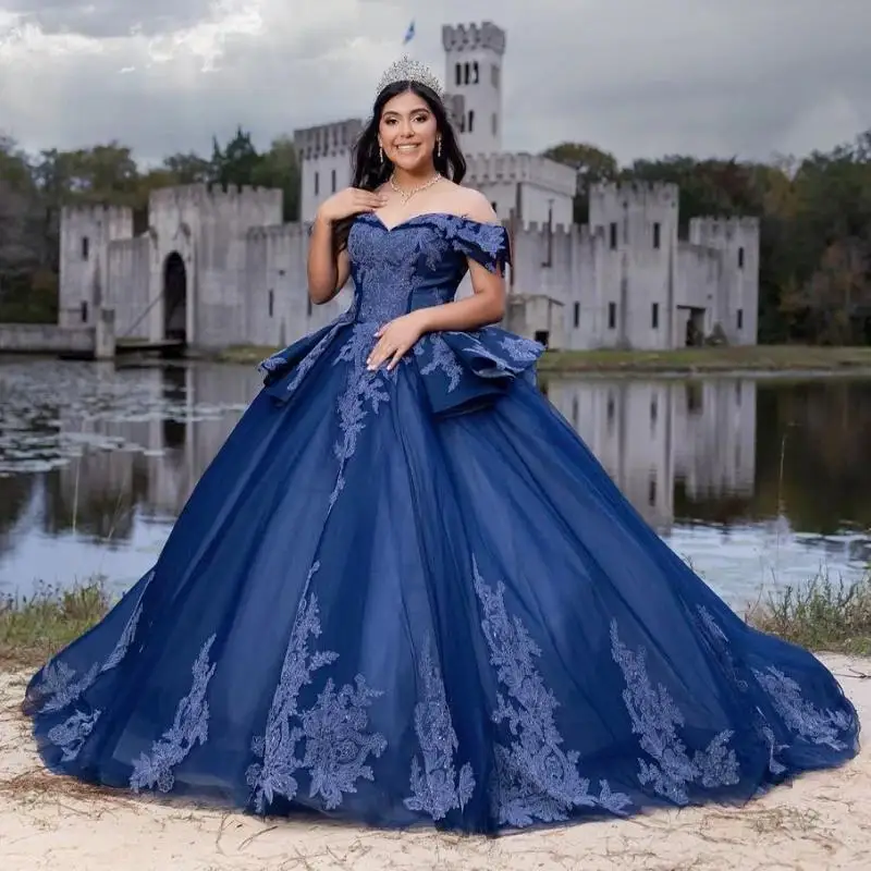 

Navy Blue Princess Quinceanera Dress Off Shoulder Lace Applique Beading Tull Sweet 16 Birthday Party Gown Vestidos De 15 Años