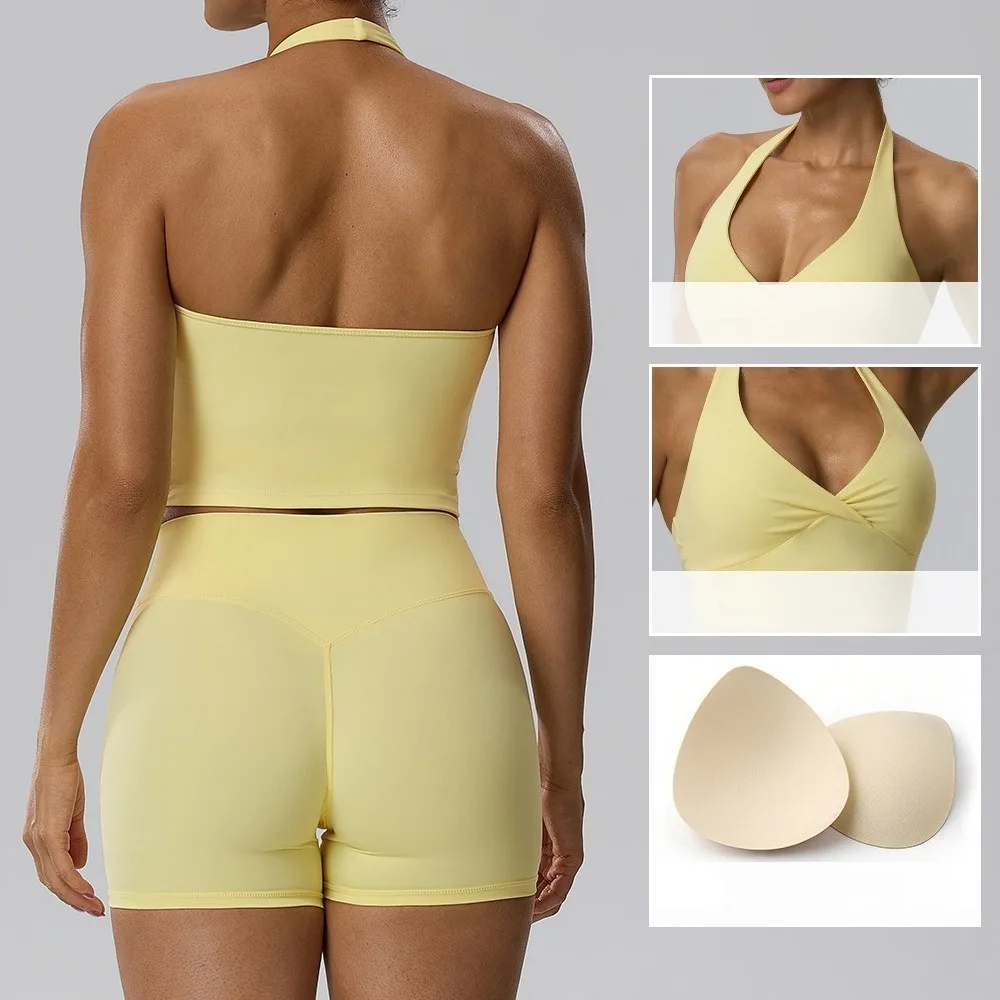 Women Halter Yoga Tank Top Built-in Chest Pads Deep V Back High Elastic Breathable Sports Vest Gym Running Fitness Workout Top