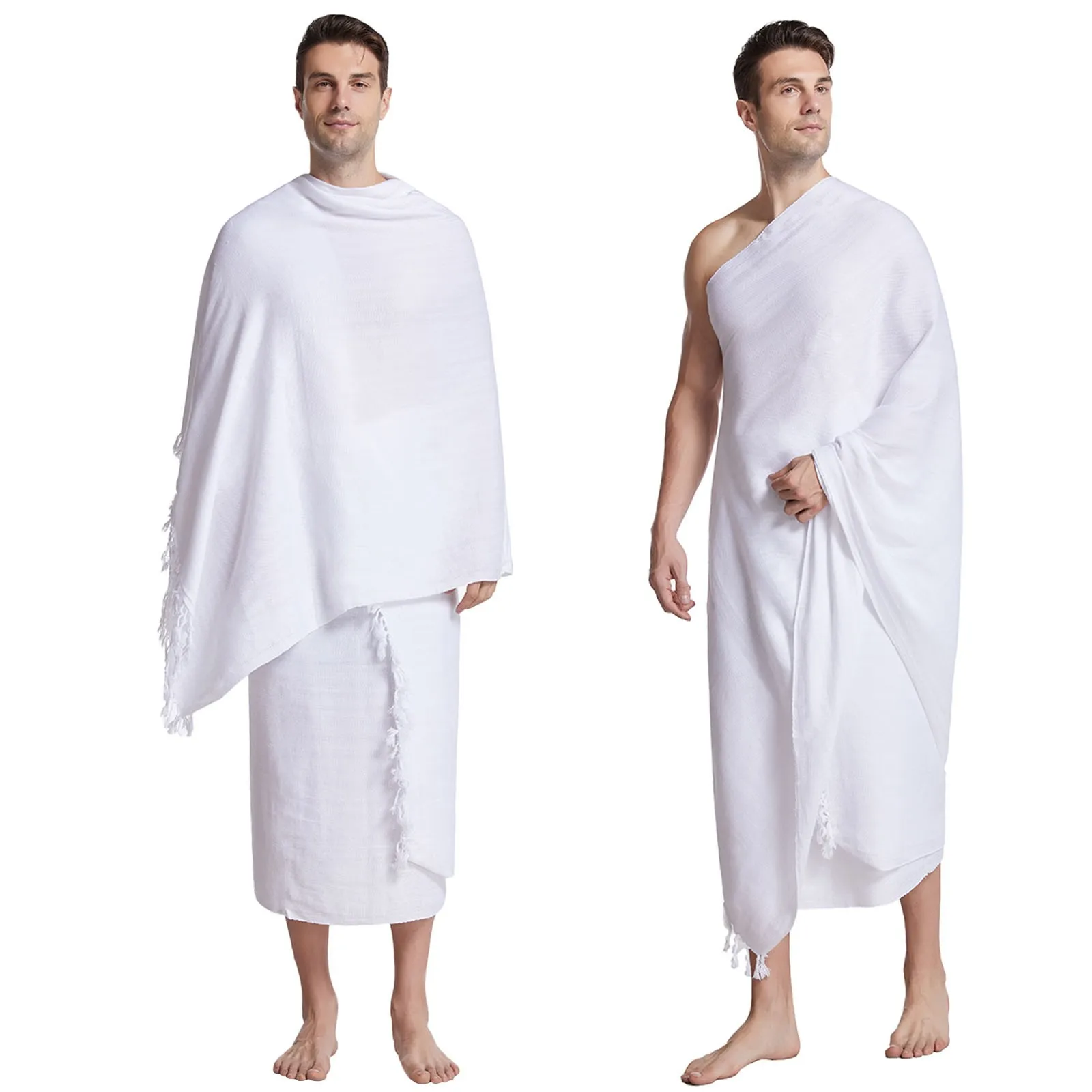 Nuovo Ihram Ehram Ahram per uomo musulmano medio pellegrinaggio sciarpa Hajj abbigliamento Cardigan pantaloni tinta unita due pezzi Set