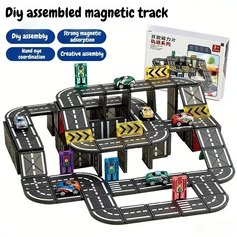 Magnetic Tiles Race Track Building Blocks Set City Road Track with Mini Toy Cars DIY Constructible Magnetic Play Toy Gift