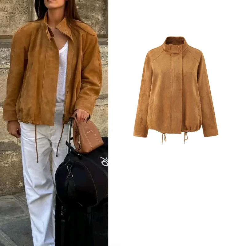 

Новая осенняя женская замшевая куртка в стиле Хепберн с длинными рукавами, воротником-стойкой и декоративной молнией, свободного кроя, повседневная верхняя одежда.