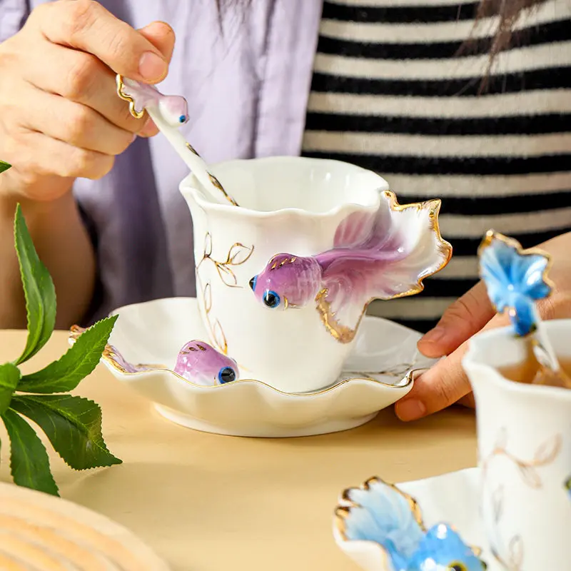 

New bone china relief ceramic mug hand-painted coffee cup dish gift wedding companion gift