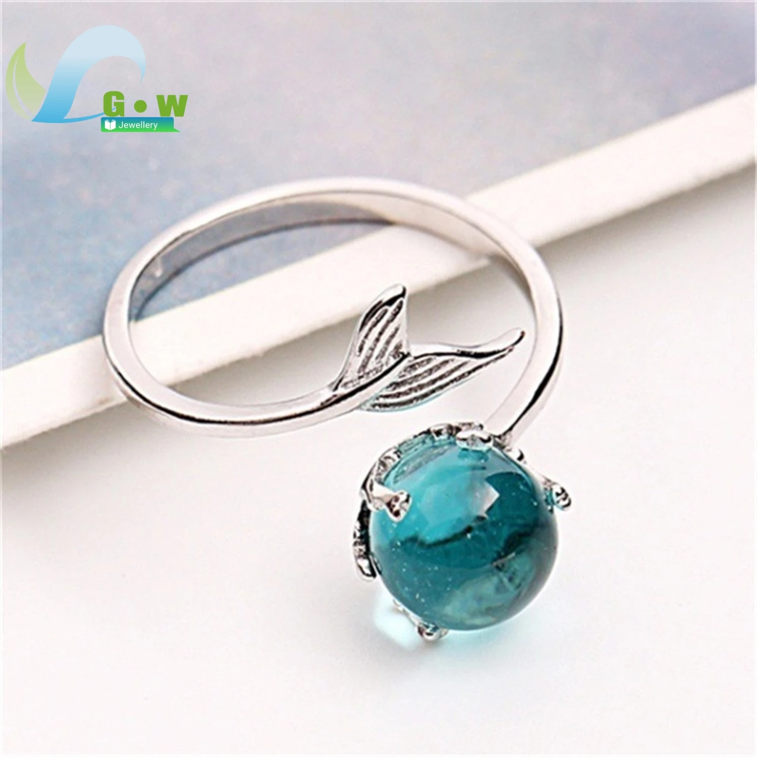 Mermaid Theme Adjustable Open Ring Blue Crystal Fish Tail Korean Minimalist Forest Style Stackable Finger Jewelry for Women Girl