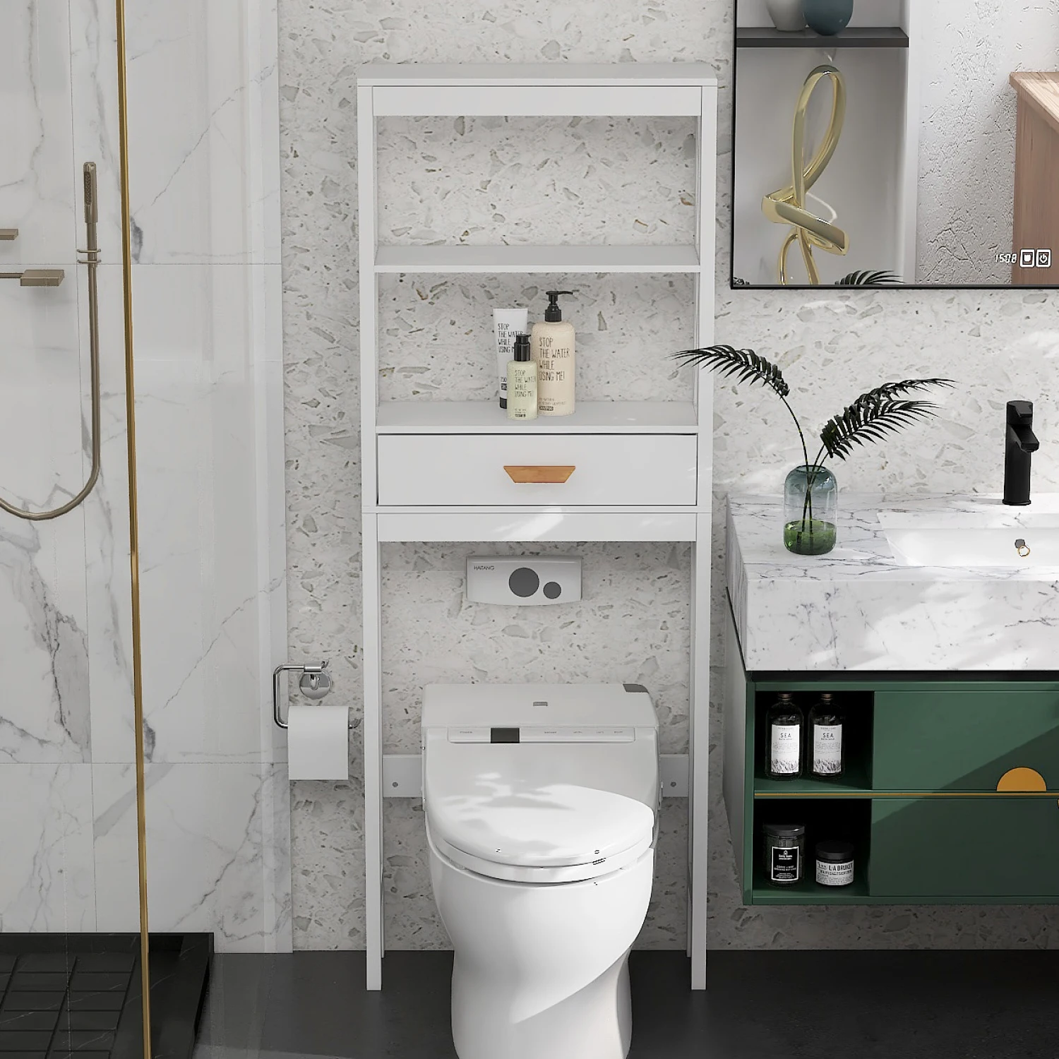 

Over-the-Toilet Storage Cabinet White with one Drawer and 2 Shelves Space Saver Bathroom Rack