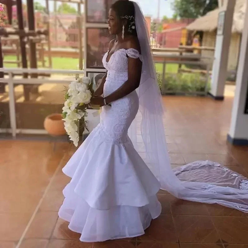 Customized White Mermaid Wedding Dresses Off The Shoulder Lace Up Back Designer Ruffles Skirt Gorgeous Bridal Gowns Unique Bride