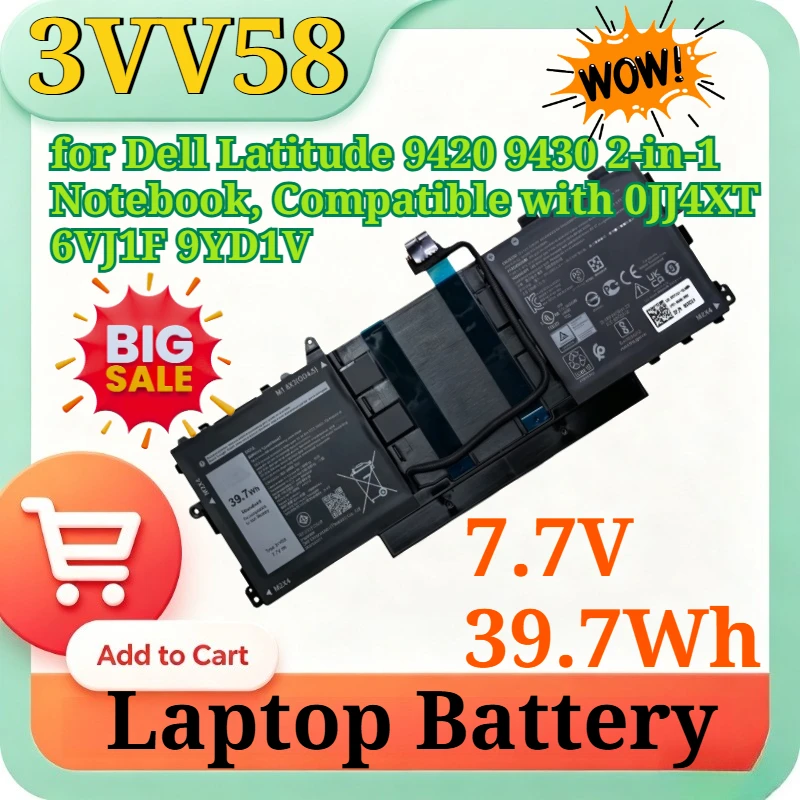 3VV58 7.7V 39.7Wh  Li-Polymer Laptop Battery for D ell Latitude 9420 9430 2-in-1 Notebook Compatible with 0JJ4XT 6VJ1F