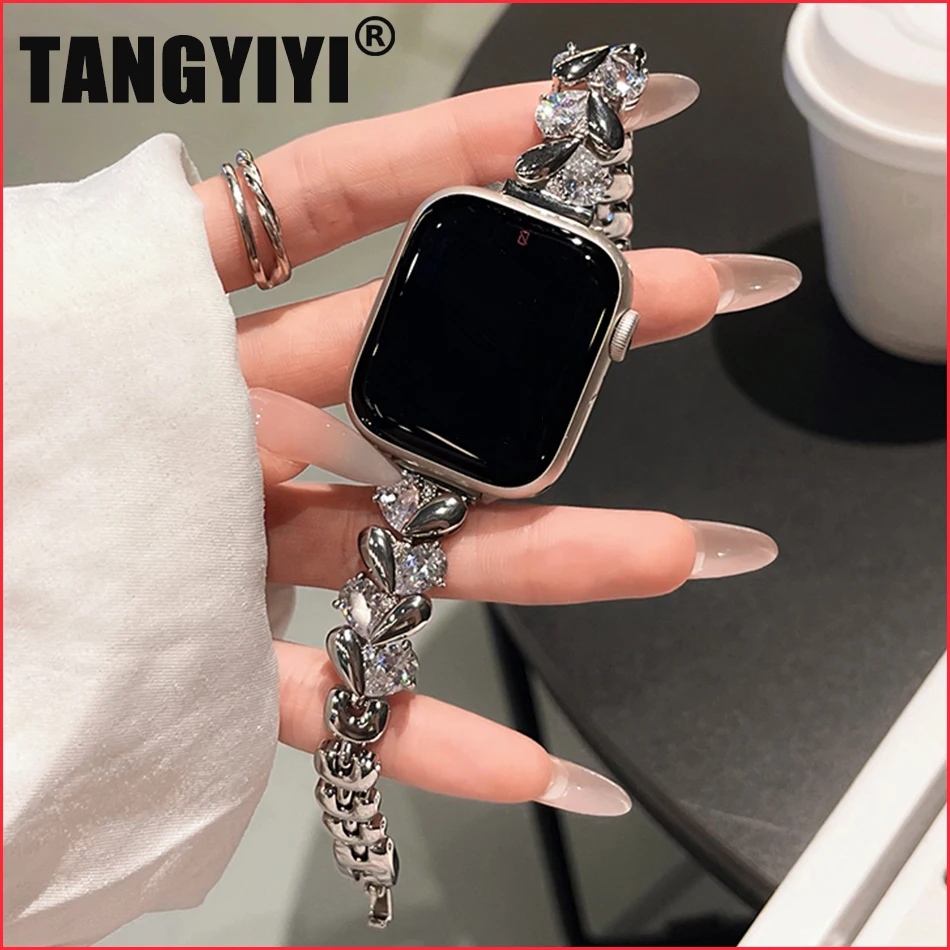 Love Heart Zircon Metal Strap For Apple Watch Series 10 9 8 7 6 SE 5 4 46/45/44/42/41/40/38mm IWatch Ultra 2 49mm Bracelet Band