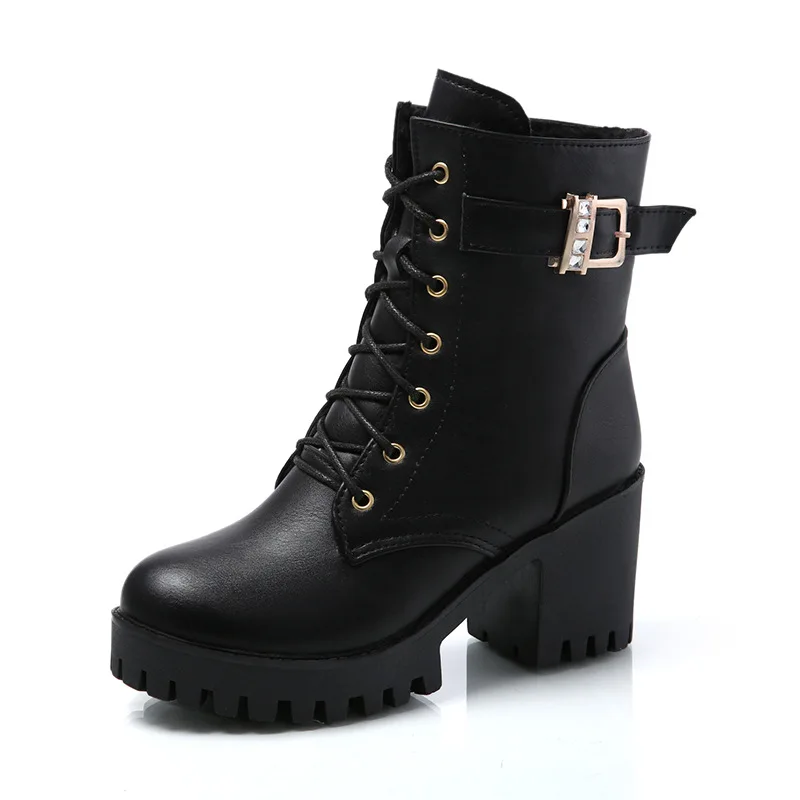 Buty damskie Winter 2024 New Round Toe Thick Bottom Waterproof Platform High Heel Strap Lace Up Middle Ankle Boots Botas Mujer