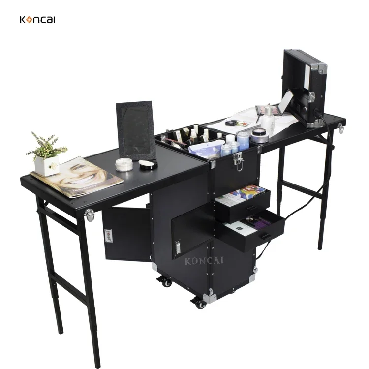 KONCAI HOT KONCAI Makeup Salon Rolling Manicure Table Nail Desk Workstation with Double Foldable Tables