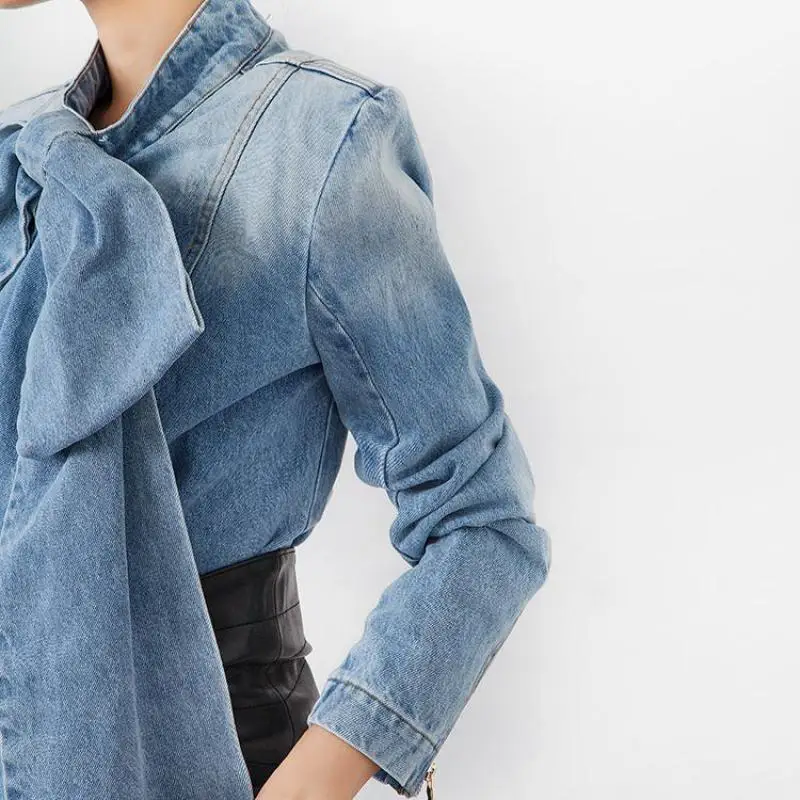 Yuerwang Women Blouse Denim blouse Long Sleeve Jean Blouses Retro Bow Women Shirt All Match Ladies Tops Spring Top 2022 Fashion