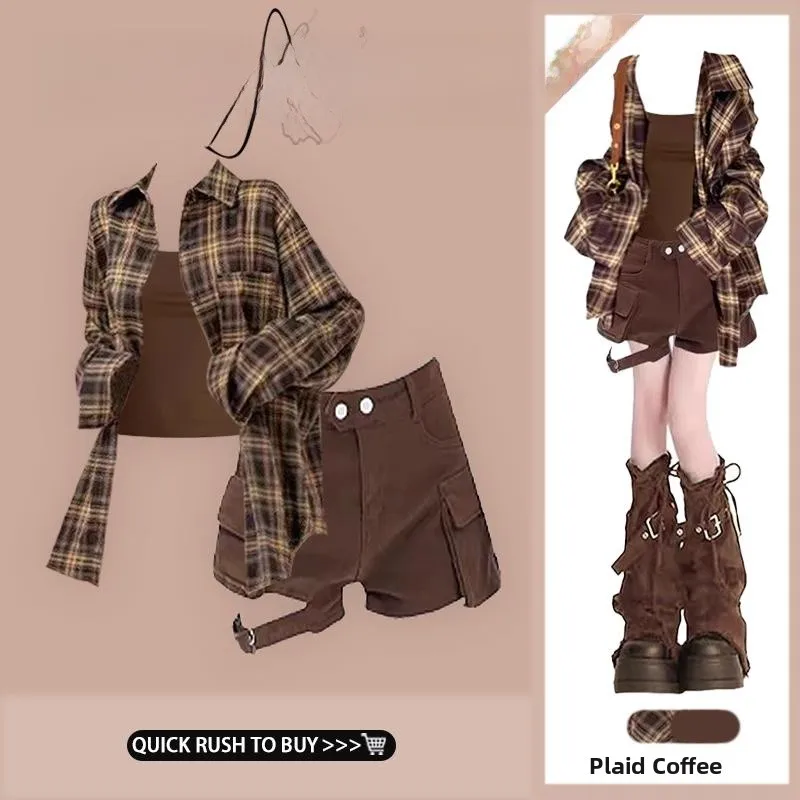 Summer 2026 Women's Vintage Plaid Shirt Set Casual Layered Wear Short Pants Two-Piece Suit Slimming Effect Spring Fashion