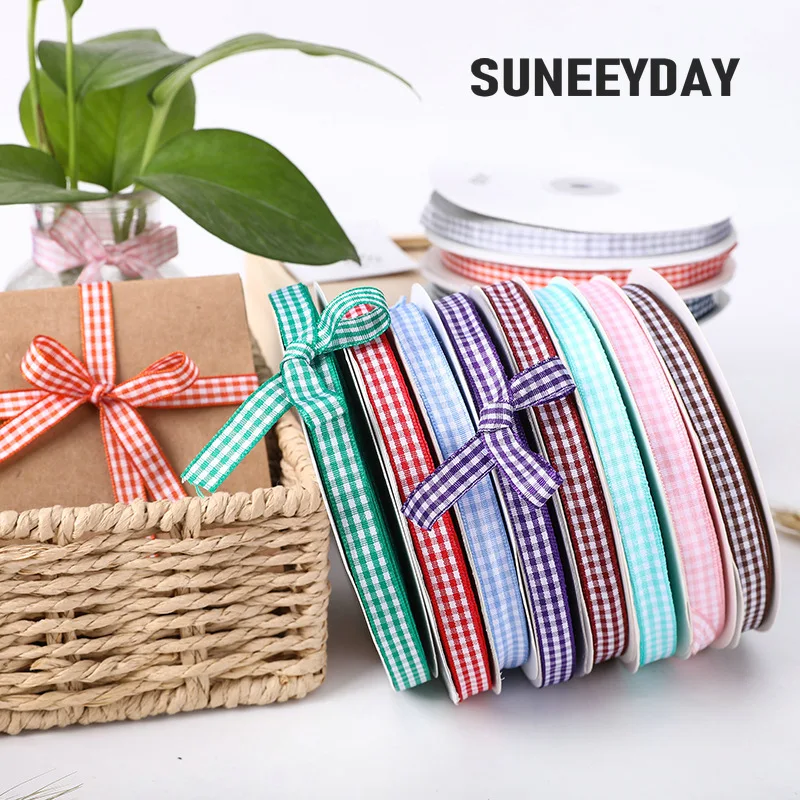 50 Yards 10mm Gingham Ribbons for Wedding Christmas Party Decorations Gifts Wrapping DIY Crafts Bow Hair Plaid Ribbon Packaging