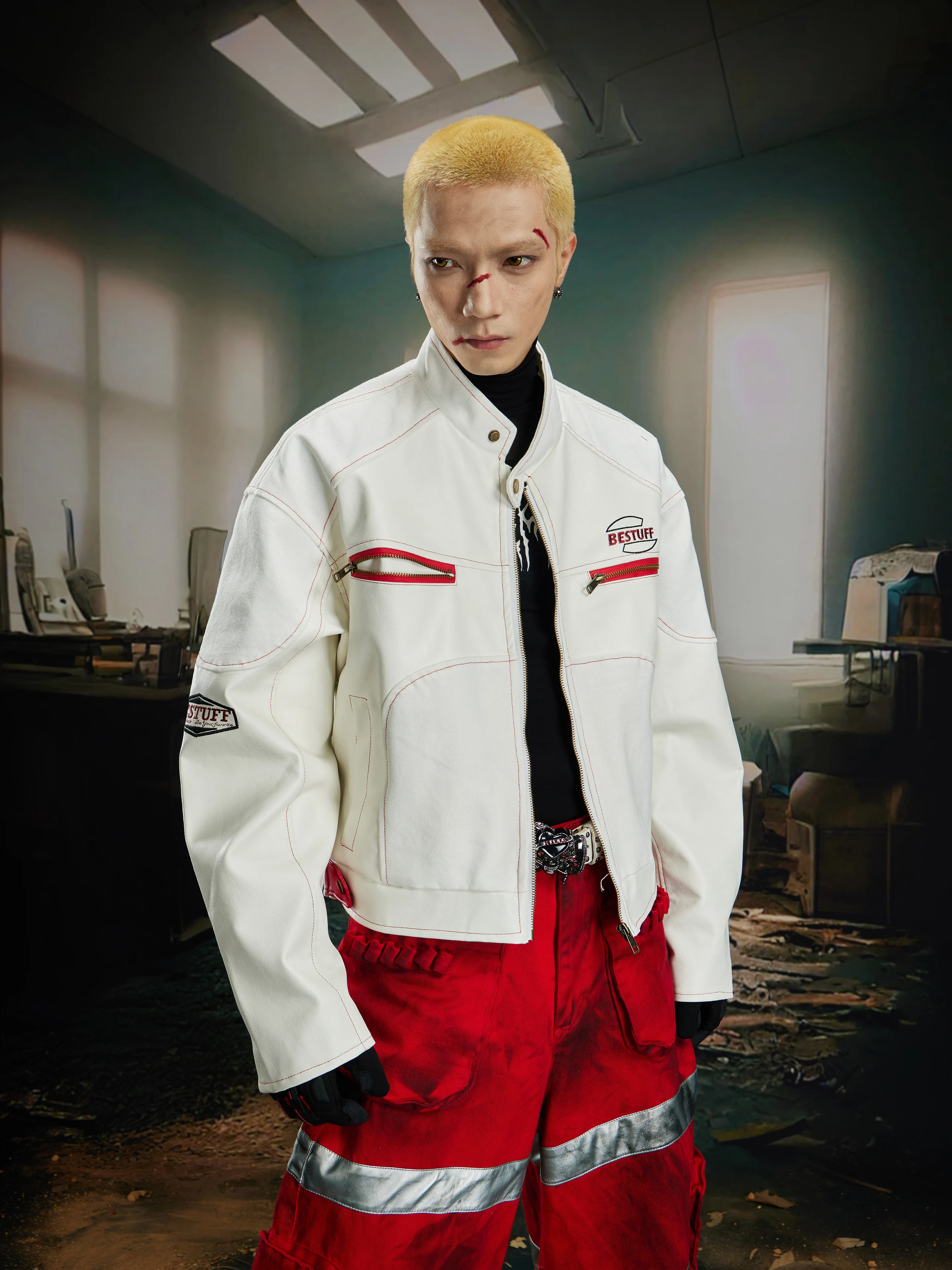 

Retro Classic Contrast Color Short Stitching Motorcycle Leather Jacket Zipper for Men and Women