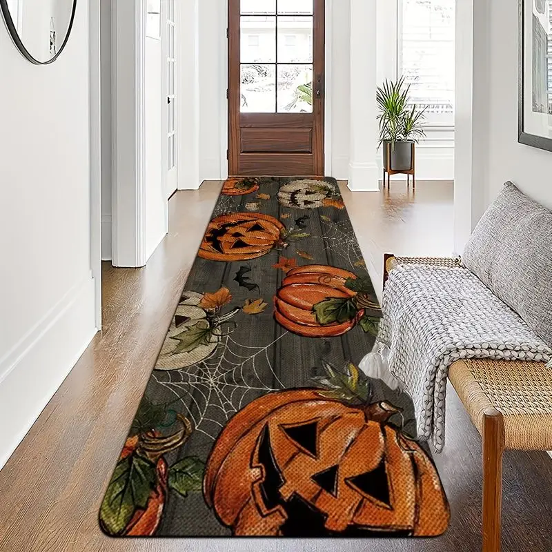 VIKAMA Fall Pumpkin Runner Rug Wood Grain Halloween Non Slip Washable Long Floor Mat Hallway Entry Thanksgiving Home Decor