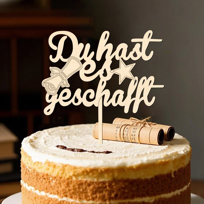 YOMDID Du Hast Es Geschafft Cake Topper de Madeira com Fonte Alemã e Decoração de Estrelas para Certificado de Graduação
