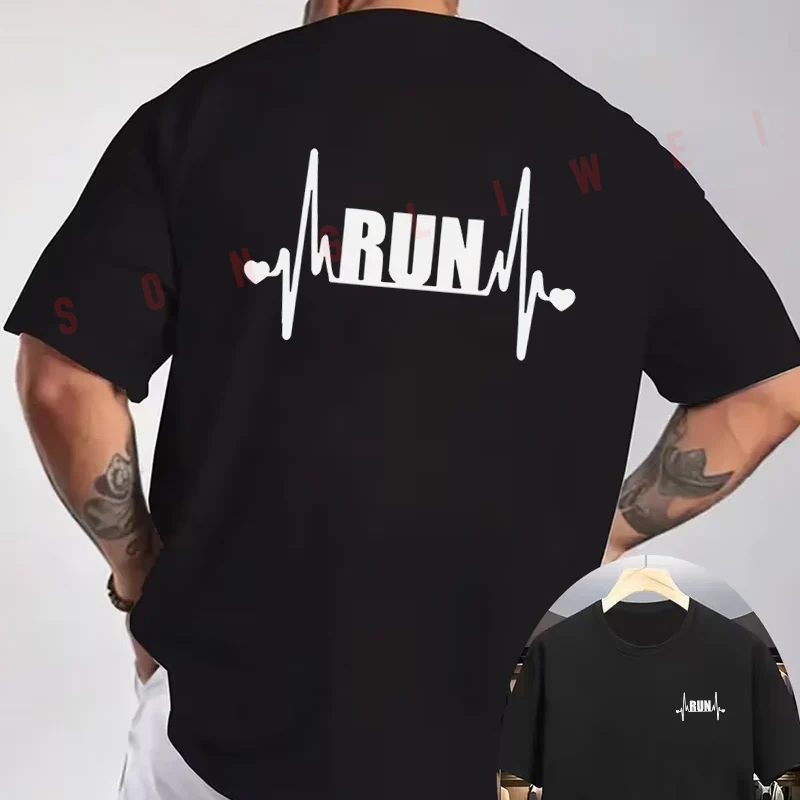 RUN Heart ECG Running Minimalist Creative Motorcycle Double-Sided Print T-Shirt Summer Men Short Sleeve O-neck Casual Tops Tee