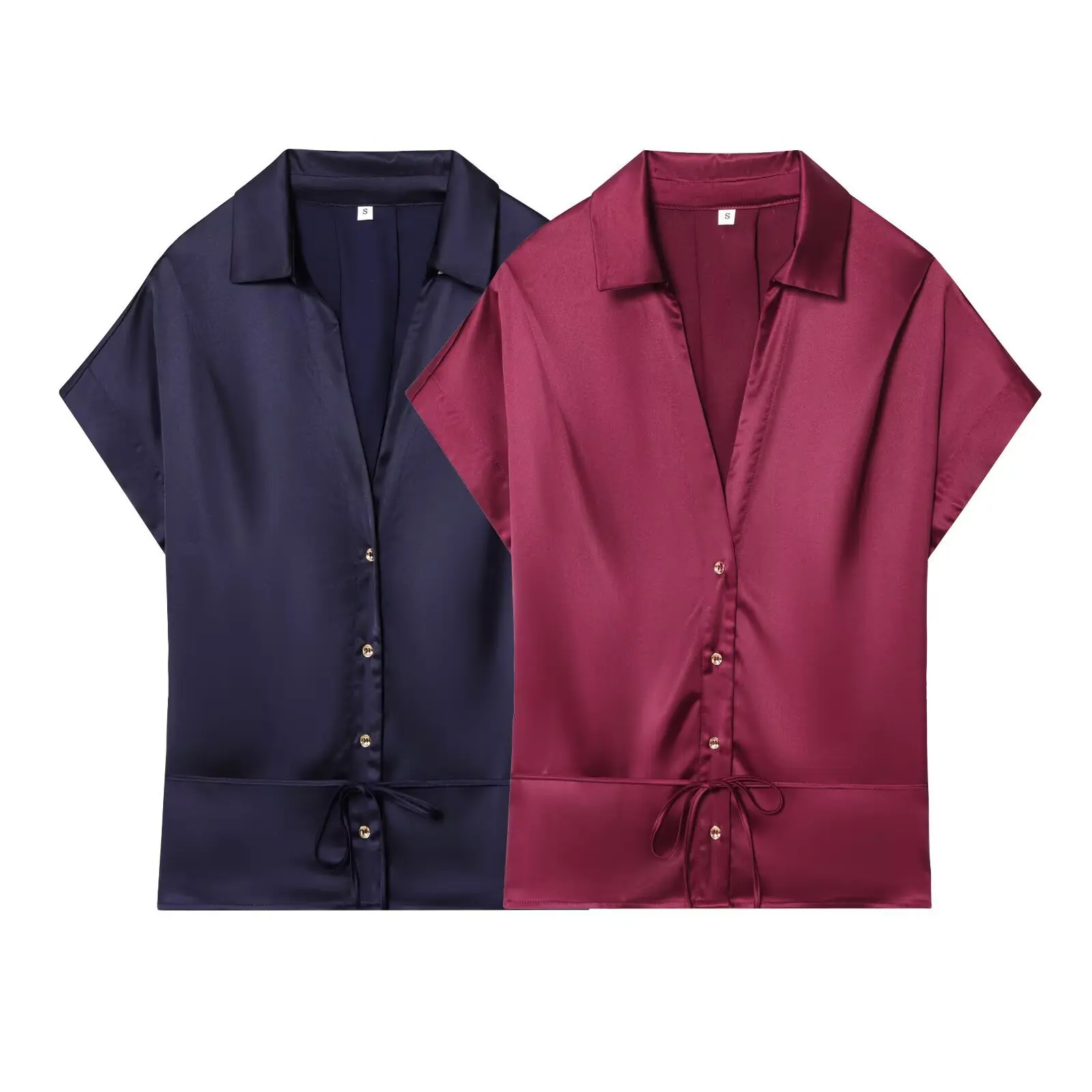 2025 New Satin Texture Lapel Short Sleeve Shirt Drawstring Hem High Waist Elastic Wide Leg Pants Two Piece Set Women Outfit